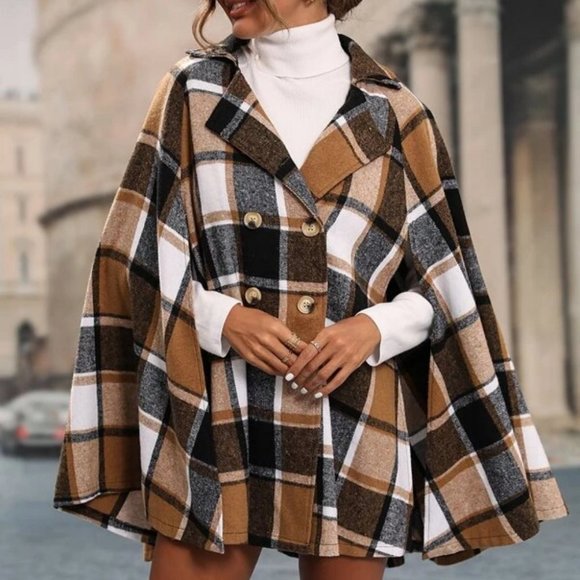 . Jackets & Blazers - Double Breasted Plaid Print Cloak Sleeve Coat jacket cape